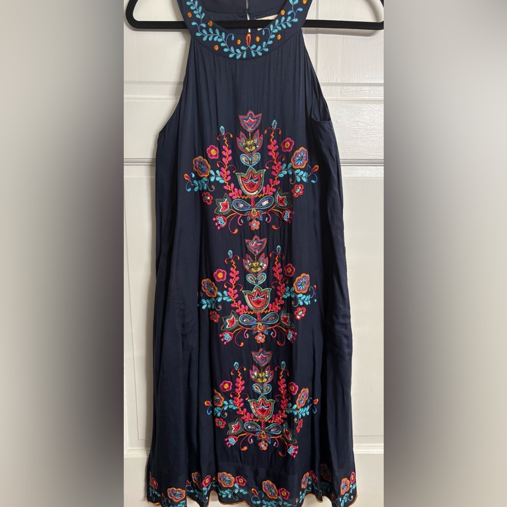 Lula soul Embroidered Navy Dress‎ size S Boutique Brand